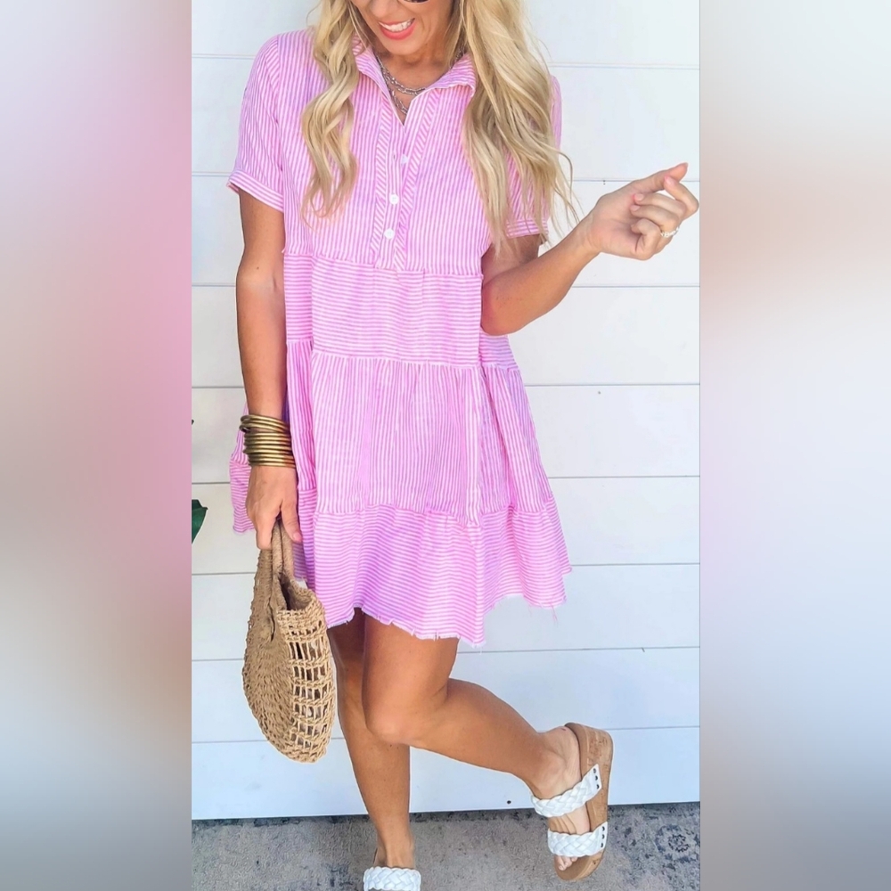 Umgee Pink Striped Tiered Dress - Picture 8 of 16